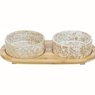 Trixie Set Futternapf / Wassernapf Keramik / Bambus Weiss / Natur